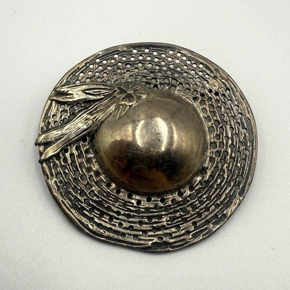 Antique Sterling Silver 925 Brooch Ladies Hat Pierced Rim Floral Art Straw Hat